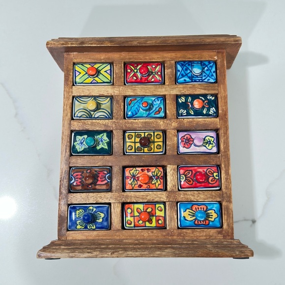 World Market Jewelry - World Market Wooden Storage Box Chest 15 Colorful Ceramic Drawers Jewelry